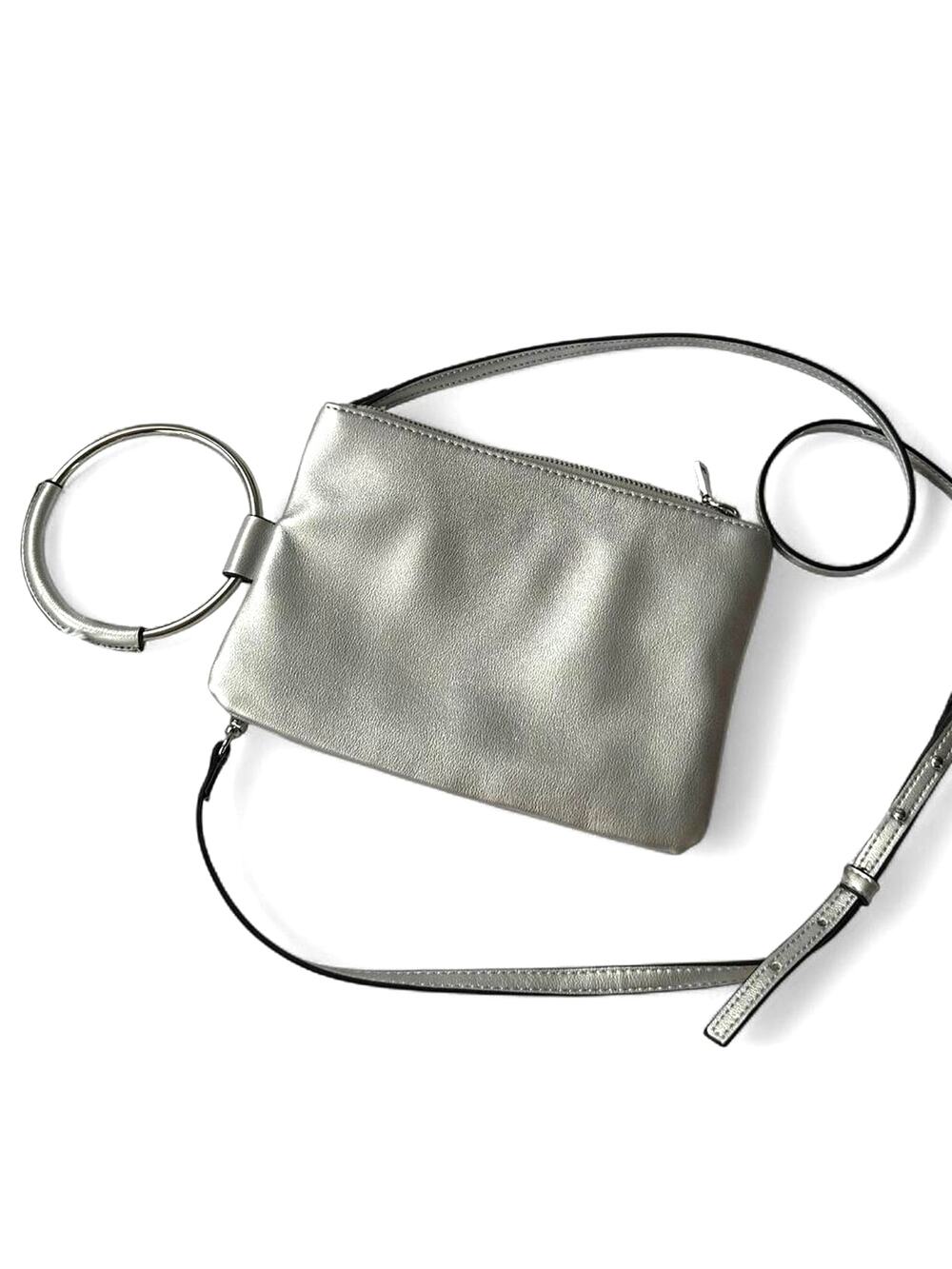 Inc Metallic Silver Ring Handle Crossbody 2way Clutch Wristlet Party Wedding